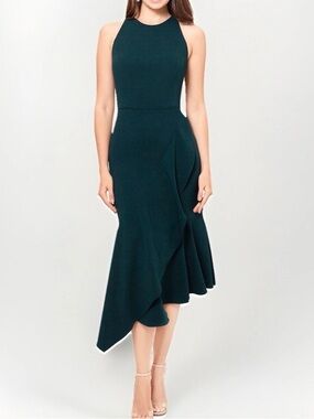 Betsy & Adam Emerald Green Asymmetrical Ruffle Scuba Midi Halter Dress 12 NWT